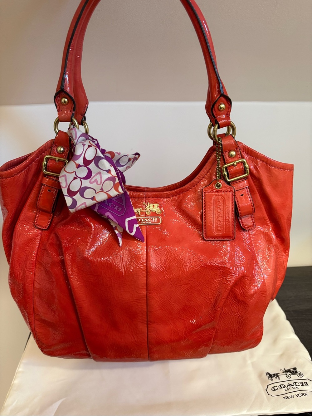 Coach Madison Abigail Coral Crinkle Patent Leather Shoulder bag.